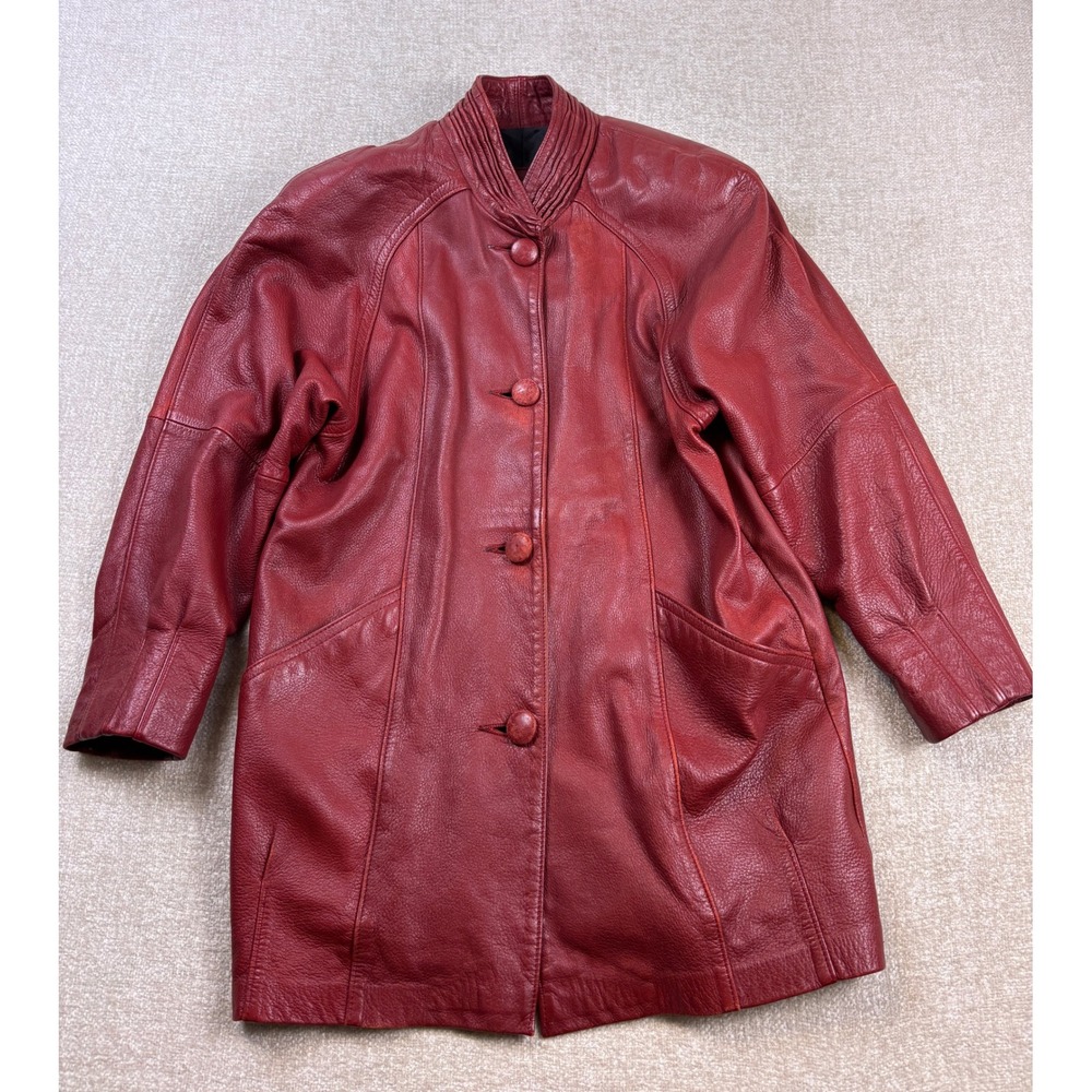 Vintage WB Place Red Leather Car Coat Pleated Collar Made in USA Size Small